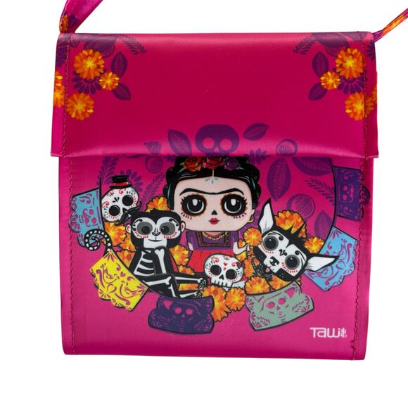 Tawi Frida Kahlo Sugar Skull Mexican Design Front Flap Hot Pink Purse - Picture 3 of 10